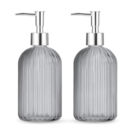 Image of 2 Pack Glass Soap Dispenser Bottle with Pump,14 Oz Clear Glass Jar Soap Liquid Hand Soap Dispenser, Refillable Liquid Hand Jar Dispenser for Bathroom, Countertop, Kitchen, Laundry Room (Grey)