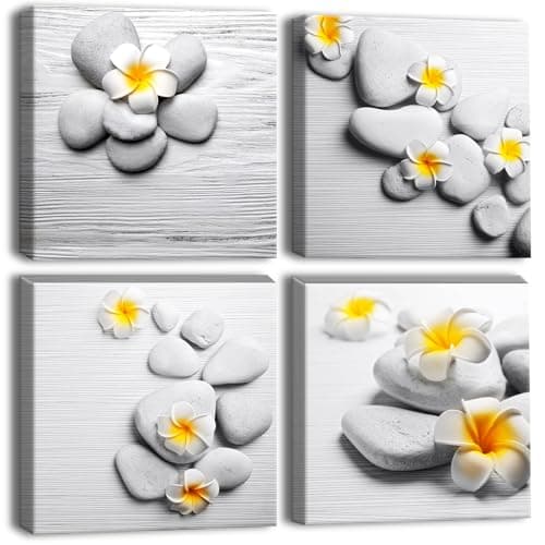 Image of Artscope 4 Pieces Wall Art Canvas Prints - Art of Stone with Yellow Flowers Picture Painting- Modern Wall Artwork Framed for Bathroom Home Office Decor - 30 x 30 CM