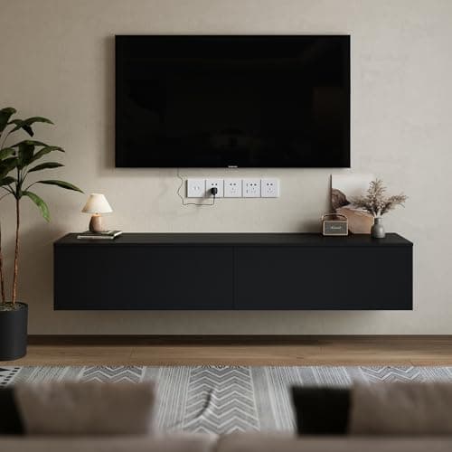 Image of Warmiehomy Floating TV Unit Wall Mounted TV Unit with Two Baffles Media Wall Units for Living Room (Black, 160cm)