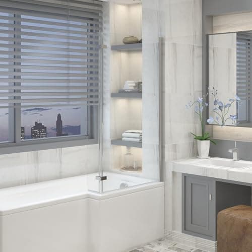 Image of Aquariss Chrome 1400x810mm Pivot L Shape Bath Screen with Hinged Folding Return Panel 6mm Toughened Safety Glass