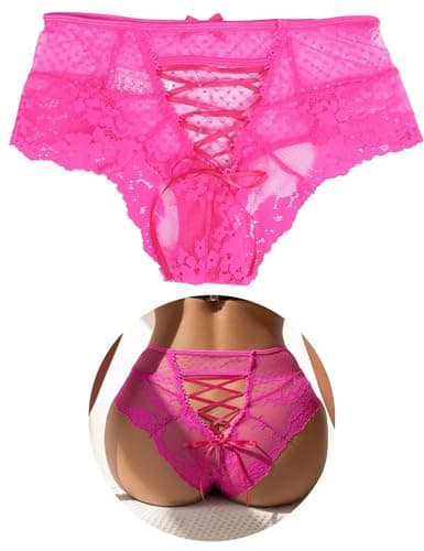 Image of ohyeahlady Women's Sexy Back Criss Cross French Knickers Soft Stretchy Lace Bikini Briefs Hipster Panties Mesh High Waisted Thongs Plus Size Underwear Pink UK 14