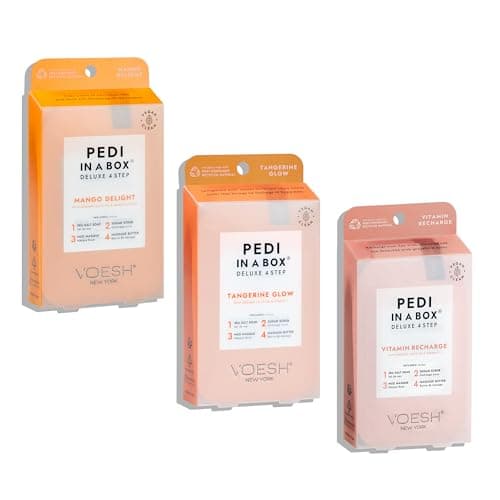 Image of VOESH Pedi In a Box 4 Step Fruity Trio 3 Pack, Mango Delight, Tangerine Twist, and Vitamin Recharge, At Home Pedicure Treatment, At Home Pedi, Spa Treatment, Vegan Beauty, Foot Spa, Luxury
