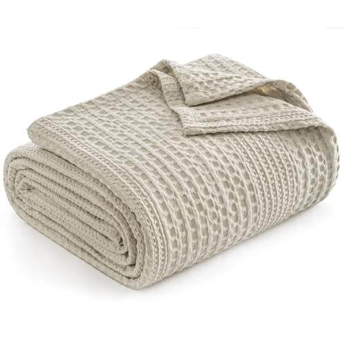 Image of PHF Lightweight Waffle Weave Throw 150 x 200 cm, Breathable & Ultra Soft Blanket for Bed & Sofa, Cosy Thin Blanket for Spring & Summer - Natural