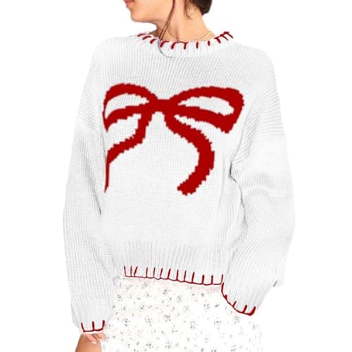 Image of LYSINK Women Bow Knit Sweater Long Sleeve Crew Neck Bow Print Front Knitted Casual Pullover Y2k Streetwear for Spring Fall (Ba White, M)