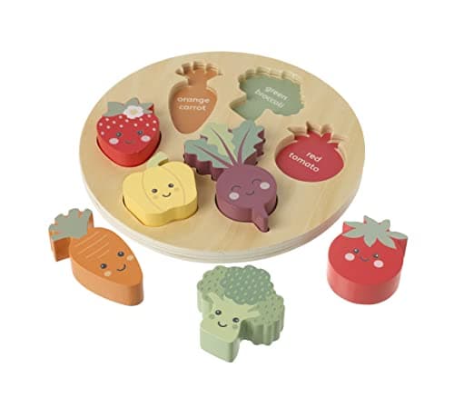 Image of Happy Veggies Wooden Puzzle Board - Includes 6 Play Food Vegetables - Shape Sorter Wooden Puzzles for 1 Year Old, Toddler - Educational Montessori Early Development & Activity Toys by Orange Tree Toys