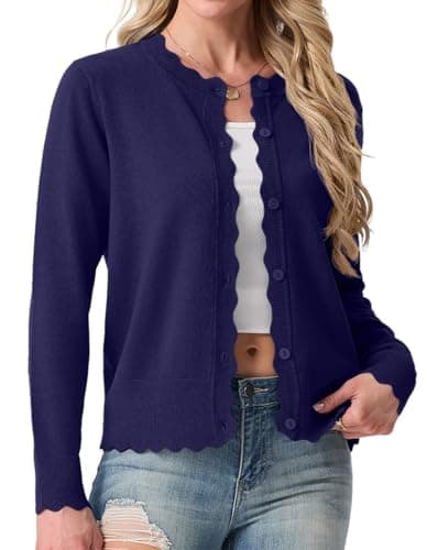 Image of GRECERELLE Women's Cardigans Knit Crew Neck Lightweight Long Sleeve Cardigan Sweater Ladies Button Down Scalloped Shrugs Jumper for Dress Summer Evening Wedding (Navy Blue, L)