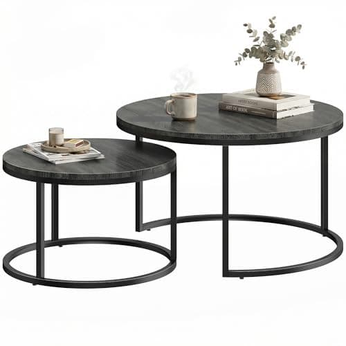 Image of HOMCOM Round Coffee Table Set of 2, Nesting Tables with Steel Frame for Living Room, Bedroom, Home Office, 78.5 x 78.5 x 46.5 cm, Black Wood Grain