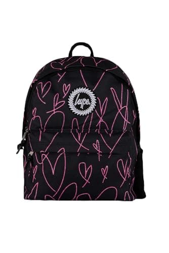 Image of hype Unisex Backpack, Black with Pink Iconic Glitter Scribble Hearts, School Bag for Kids, Comfortable Rucksack with Bottle Holder, 3 Storage Compartments, Padded, Adjustable Straps & Grab Handle
