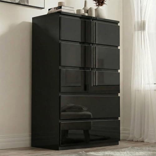 Image of Blisswood High Gloss Chest of Drawers, 5 Drawer Bedroom Chest of Drawers, Chest of Draws Tall Dresser Bedside Table Storage Cabinet for Living Room Office Hallway Furniture, Black
