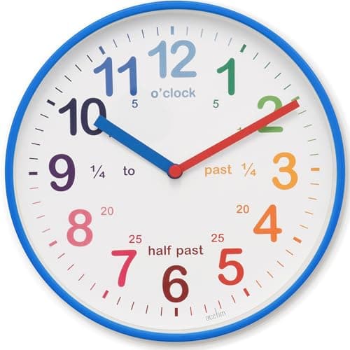 Image of Acctim Wickford Kids Teaching Wall Clock Quartz Rainbow Dial Quarter Markers Blue 20cm 22529