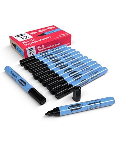 Image of SHOW-ME - Whiteboard Markers | Drywipe, Erasable Black Fine Tip 1.2mm Line | Classroom Board Writing Pens with 3-Day Cap-off, Box of 12