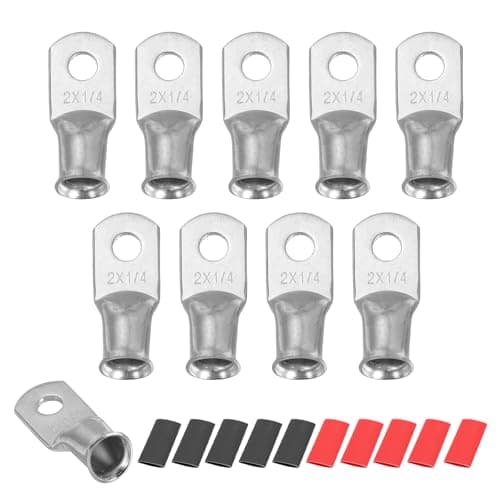 Image of sourcing map 10pcs 2 AWG M6 Battery Lugs Ring Terminals, 1/4" 6mm Stud Crimp Wire Terminal Connector End Copper, 2:1 Heat Shrink Tubing, Silver