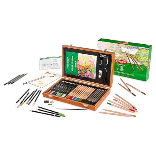 Image of Derwent Academy Wooden Gift Box Complete Starter 35 Piece Art Set - Painting, Drawing & Colouring set with Accessories for Arts & Crafts - Premium Hobbyist Quality Pencil Set for Adults & Teens