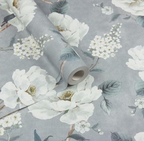 Image of WPE® Arthouse Ashley Floral Wallpaper Roll – Light Blue Vintage Flower Design, 10m x 53cm – Elegant Wallpaper for Living Room, Bedroom, Hallway, Easy to Hang