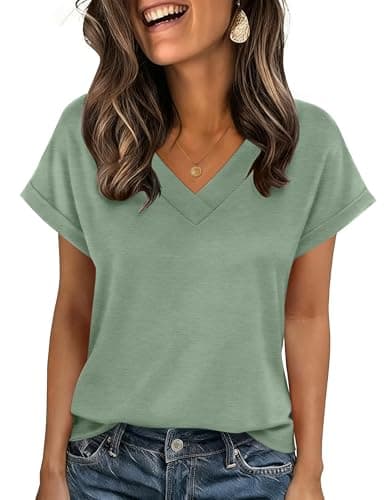 Image of Zeagoo Womens Tops V Neck T Shirts Ladies Short Sleeve Casual Summer Tshirt Solid Color Loose Tee Light Green L