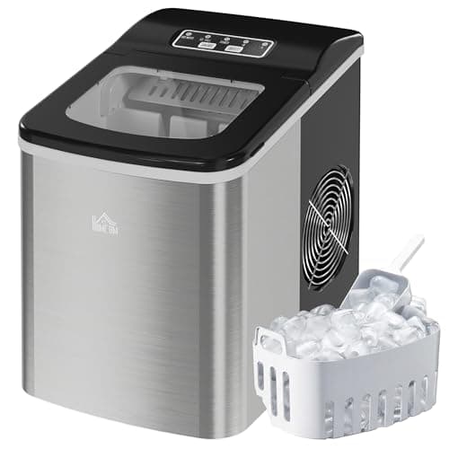 Image of HOMCOM Ice Maker Machine Countertop, 9 Ice Cubes in 8 Mins, 12KG in 24Hrs, Self-Cleaning Portable Ice Cube Maker w/Adjustable Ice Size, Ice Scoop, Basket, Stainless Steel, No Plumbing Required, Black