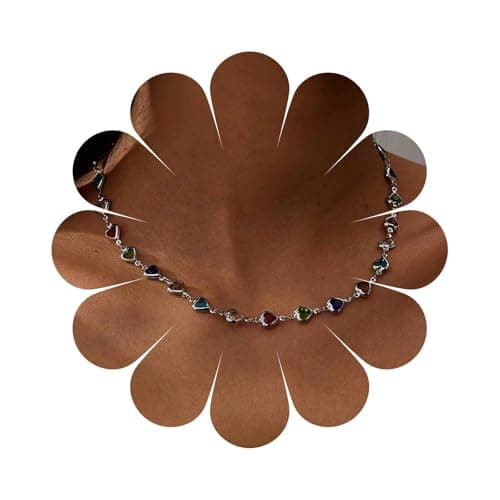 Image of Cybche Boho Rainbow Gemstone Heart Necklace Colorful Crystal Choker Necklaces Multi Heart Bead Necklace Multicolor Cz Necklaces Silver Sparkle Rhinestone Pendant Party Prom Jewelry for Women