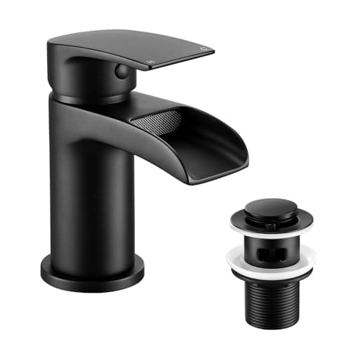 Image of Peppermint Black Bathroom Taps with Pop Up Waste, Basin Taps Mixers Waterfall Bathroom Sink Tap with Basin Waste, Modern Single Handle Watefall Tap with Hot and Cold Water Hoses