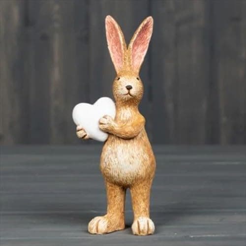 Image of Fyne-Finds Resin Rabbit Ornament Standing and Sitting Long Ears Easter Occasion Shelf Sitter Decoration Novelty Figurine (14cm Standing Rabbit with Heart)