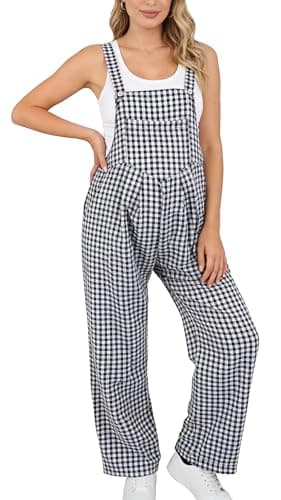 Image of SEAUR Maternity Dungarees for Women Pregnancy Gingham Plaid Print Pomper Wide Leg Overalls One Piece Long Pants Straight Jumpsuits L Black and White