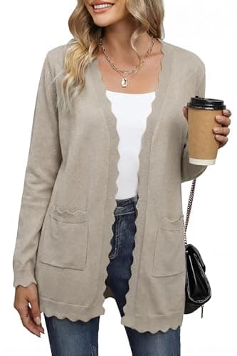 Image of Newshows Cardigans for Women UK Lightweight Ladies Long Sleeve Open Front Scalloped Knitted Elegant Cardigan Camel,XL