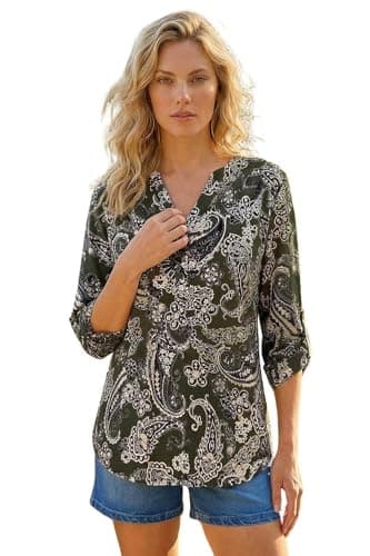 Image of Roman Shirt for Women UK Ladies Top Collarless Blouse Stretchy Tunic Smart Casual Autumn Winter Jersey 3/4 Length Sleeve Notch V Neck Flattering Office Work - Paisley Puff Khaki - Size 14