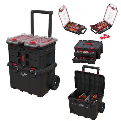 Image of Keter Stack-n-Roll Modular Tools Organizer for Garage Storage and DIY, 4 Piece Resin Rolling Tool Box System for Small Parts, Black