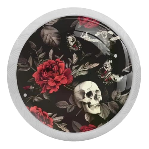 Image of lcndlsoe Red Rose Skull Hawk Moth Pattern 4 PCS Crystal Glass Cabinet Knobs, Drawer Kitchen Cabinets Dresser Cupboard Wardrobe Pulls Handle - Glowing in The Dark