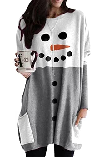 Image of OMZIN Winter Women's Fashion Round Neck Sweatshirt Plus Size Pullover Christmas Loose Christmas Print Top Grey Snowman M