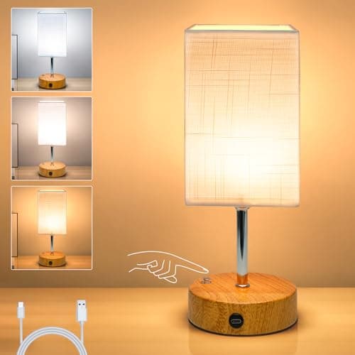 Image of 6000mAh Bedside Lamps, 10.8" Touch Control Rechargeable Table Lamp with Wood Grained Base & Fabric Lampshade, Dimmable Minimalist Wireless Battery Lamp for Living Room Bedroom Office Decor (1)