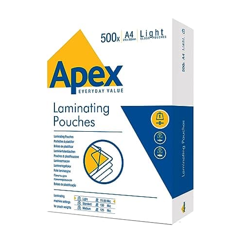 Image of Fellowes Apex A4 Laminating Pouches, Glossy Finish, 500 Sheets - Light Duty Value Pack - Ideal for Notices, and Photos
