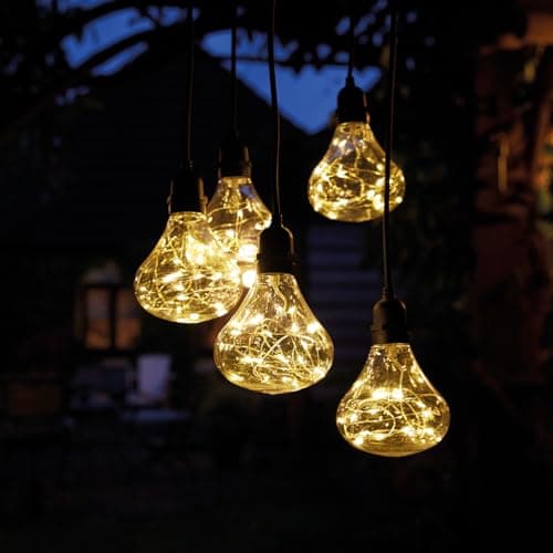 Image of Battery Powered Bubbles 5 Drop Pendant Light with Warm White LED’s – Weatherproof Indoor Outdoor Home Garden Hanging Staggered Height Lighting for Patio, Decking, Balcony, Yard, Pergola, Tent