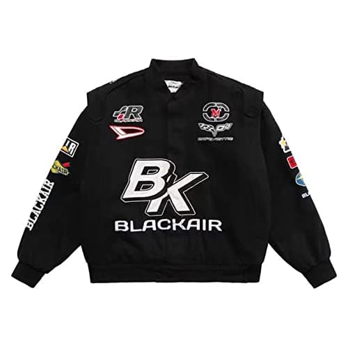Image of Niche Jacket Trend Letter Print American High Street Heavy Industry Embroidered Racing Coat Motorcycle Suit Bomber Men Jacket-Black,M