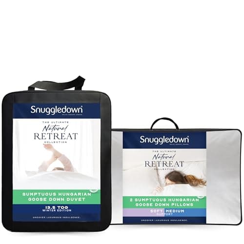 Image of Snuggledown Hungarian Goose Down Super King Duvet - 13.5 Tog Warm Winter Premium Quilt Ideal for Cold & Chilly Nights, 2 Soft Pillows - Jacquard Cotton Cover, Machine Washable, Size (260cm x 220cm)