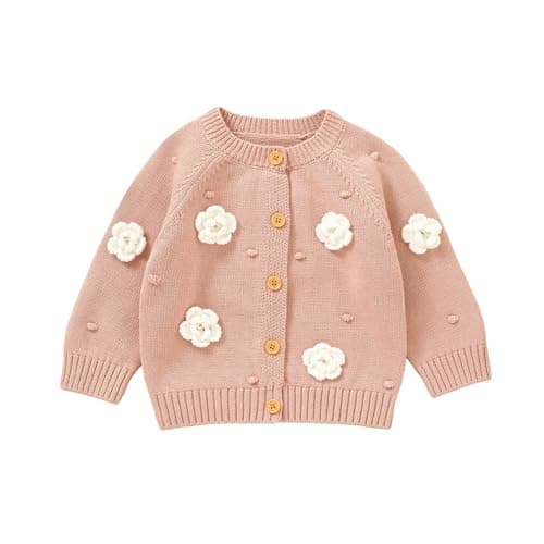 Image of mimixiong Cotton Baby Cardigan Knit Long Sleeve Toddler Sweater Newborn Boys Girls Warm Coats Floral Clothes (UK, Age, 6 Months, 9 Months, Pink)