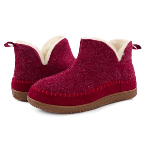 Image of Zizor Women's Moccasin Bootie Slippers with Cosy Memory Foam, Ladies' Toasty Slip on House Shoes with Hard Outdoor Indoor Rubber Sole, Wine, 6 UK
