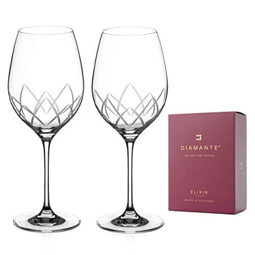 Image of DIAMANTE Red Wine Glasses Pair – ‘Lotus’ Collection Hand Cut Crystal Wine Goblets Set of 2