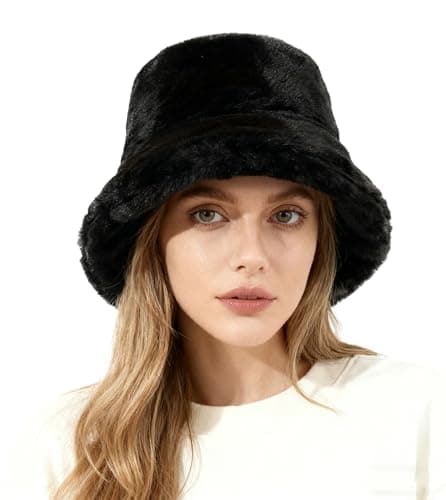 Image of Lina & Lily Winter Faux Fur Bucket Hat for Women Men with Lining Soft Fluffy (Black)