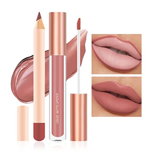 Image of Prreal 2Pcs Lip Liner and Lipstick Makeup Set, Matte Liquid Lipstick + Matching Lip Liner, Nude Velvety Lipstick Makeup Kit, Waterproof Long Lasting labiales mate 24 horas originales (07)
