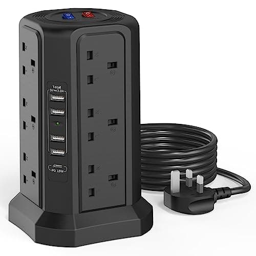 Image of Tower Extension Lead with USB Slots 1.8M and 18W USB C Fast Charger, (13A 3250W) 5 USB Ports and 12 Way Extension Tower, Surge Protection Extension Lead with Switch, Extension Cable for Home, Office