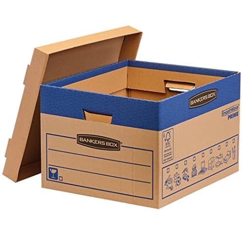 Image of 10 BANKERS BOX Large Strong Moving Boxes, 47L FastFold SmoothMove Cardboard Packing Storage Boxes, Heavy Duty Double Wall Boxes for Moving House with Handles, 43cm x 38cm x 29cm (Pack of 10), Brown