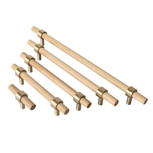 Image of Guolich 2 Pcs Kitchen Drawer Handle Door Cabinet Pulls Brass Metal+Beech Handle Modern White Hardware for Wardrobe Bathroom Dresse (Light Brown, 96MM)