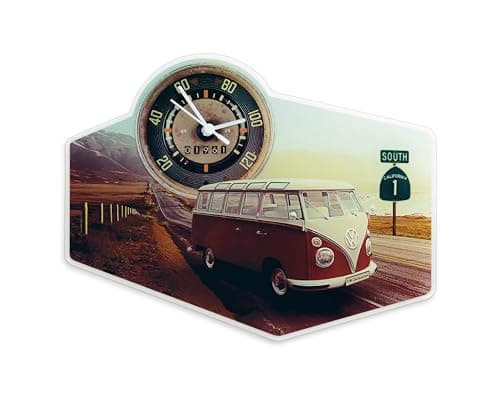 Image of BRISA VW Collection - Volkswagen Retro Vintage Wall Quartz Clock made of Acrylic Glass in T1 Bus Campervan Design (Highway 1/Multicolor)