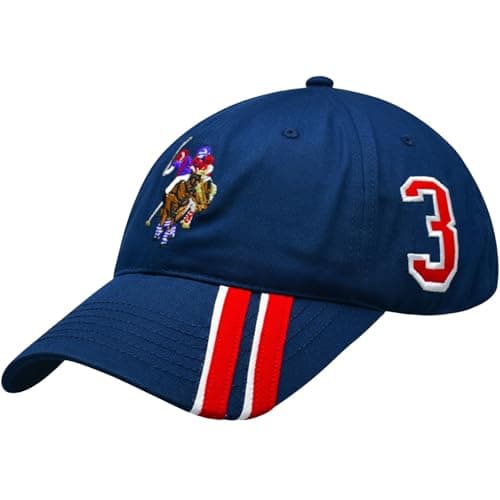 Image of U.S. Polo Assn. Unisex's Adjustable Baseball Cap, Polo Horse Striped Dad Hat, Navy, One Size (ABPE2406AZ1-410)