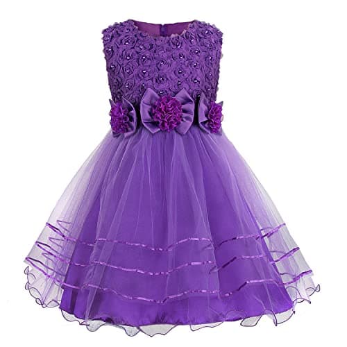 Image of Discoball Girls Princess Dress Rose Flower Bow Tie Party Dresses Tulle Wedding Dresses Bridesmaid Christening Elegant Formal Dress for Girls(Purple)
