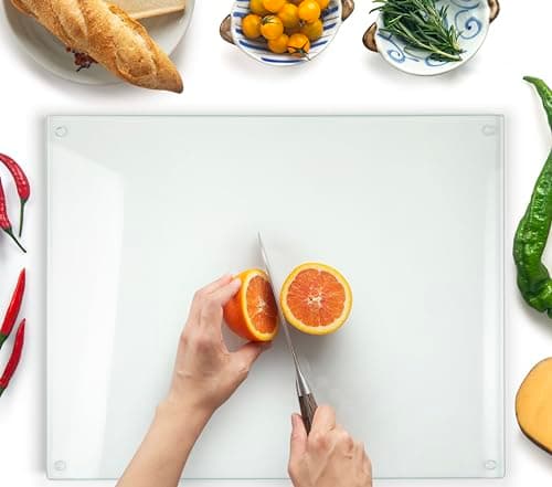 Image of Kitchenville Glass Chopping Board, 50x40cm: Durable, Hygienic Tempered Glass Worktop Saver, Heat-Proof, Clear