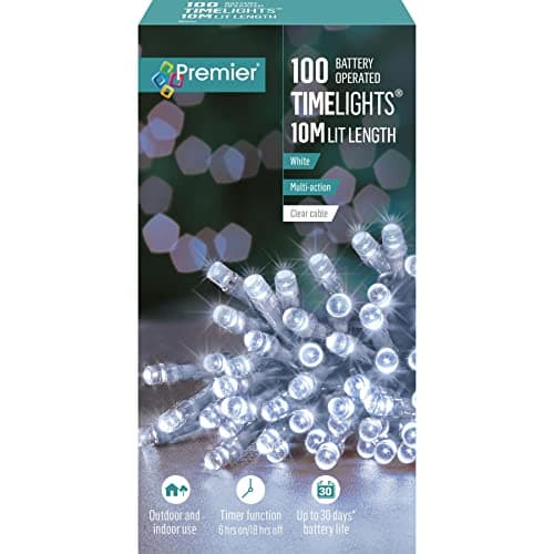 Image of Premier 100 Timelights Battery Operated 10m Clear Cable Multi Action String Lights - White