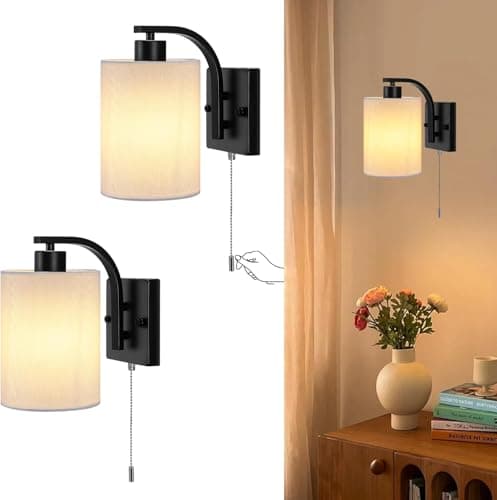 Image of Glowlit Bedroom Wall Lights Pull Cord Wall Lights Set of 2, Indoor Wall Lamp with White Fabric, E27 40W Warm White Wall Lamp for Bedroom, Living Room, Hallway (No Bulb, Black)
