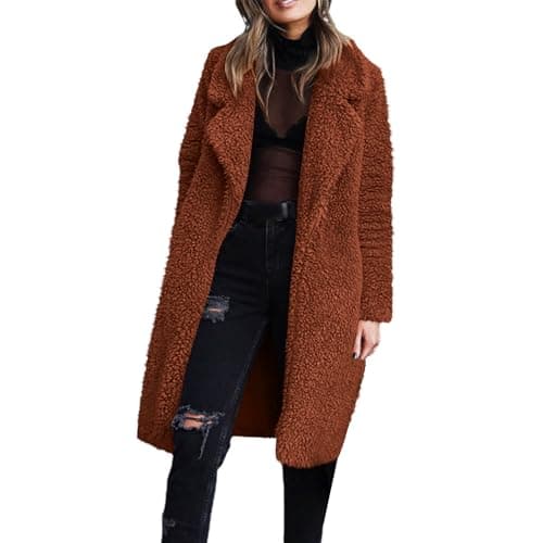 Image of Ladies Fleece Long Jackets Women Sherpa Notched Lapel Warm Coat Autumn Winter Teddy Open Front Cardigans Long Sleeve Casual Loose Jackets Longline Thermal Plain Outerwear