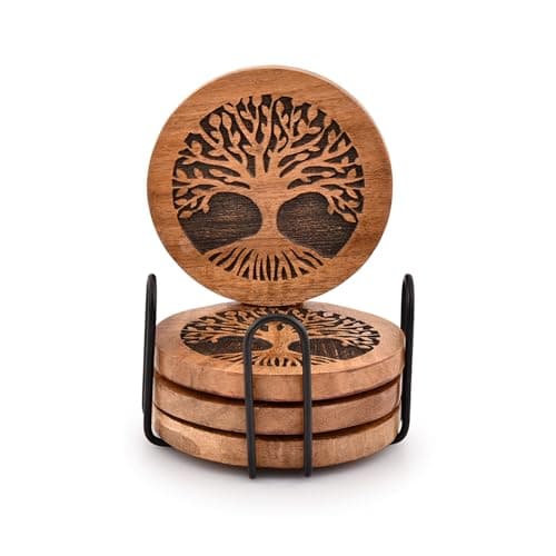 Image of Kimona Coasters Set of 4 Handmade Round Wooden Tree of Life Coasters for Drinks with Iron Holder for Any Table Type for Bar Kitchen Home Apartment (10.16cm x 10.16cm x 1.27cm)